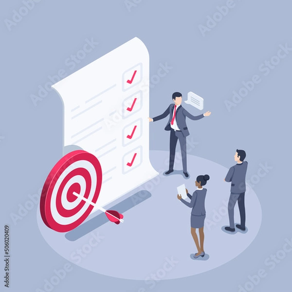 Fototapeta isometric vector illustration on a gray background, people in business suits near a paper sheet with marked points of the plan and a target with an arrow, the successful implementation of the plan