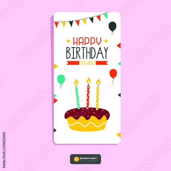 Obraz Happy birthday greeting card and party invitation set, vector illustration, hand-drawn style. with cute illustrations and box