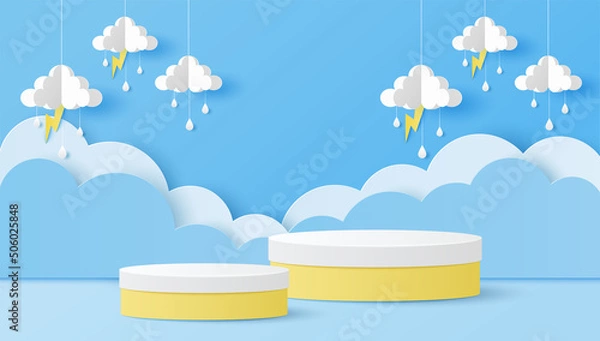 Fototapeta Paper cut of white and yellow color cylinder podium for products display presentation with clouds, raindrops and lightning. Vector illustration