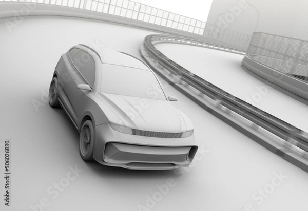Fototapeta Clay rendering of electric SUV driving on the highway. 3D rendering image.