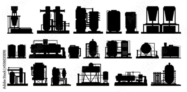 Fototapeta Set elements of Production plant. Silhouette of objects. Isolated on white background. Industrial technical equipment. Factory chemical. Modern technology enterprise. Vector