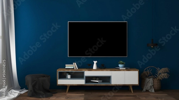 Fototapeta Tv interior room mockup with blank tv, blue wall, desk, stool, and hanging lamp.  3d Rendering. 3d interior