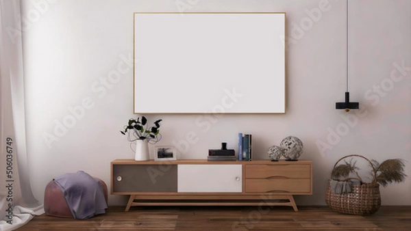 Fototapeta Room interior mockup with big blank frame, stool, desk, and objects. 3d Rendering. 3d interior