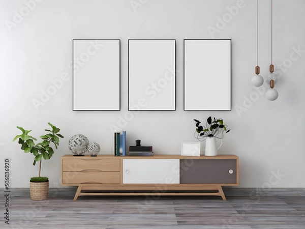 Fototapeta Room interior mockup with 3 blank frames, desk and objects, plant, and hanging lamp. 3d Rendering. 3d interior
