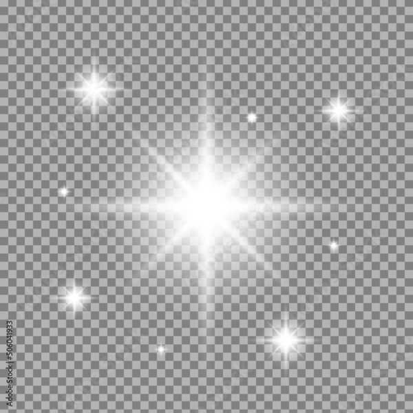 Fototapeta Glow effect. Bright glitter on a transparent background. Flashes or beams of light. Star flares. Vector illustration