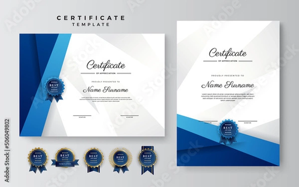 Obraz Modern blue and white certificate of achievement template with gold badge and border