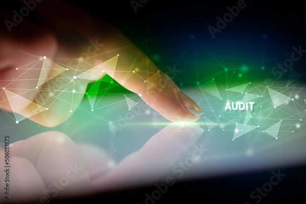 Fototapeta Finger touching tablet with business connection concept