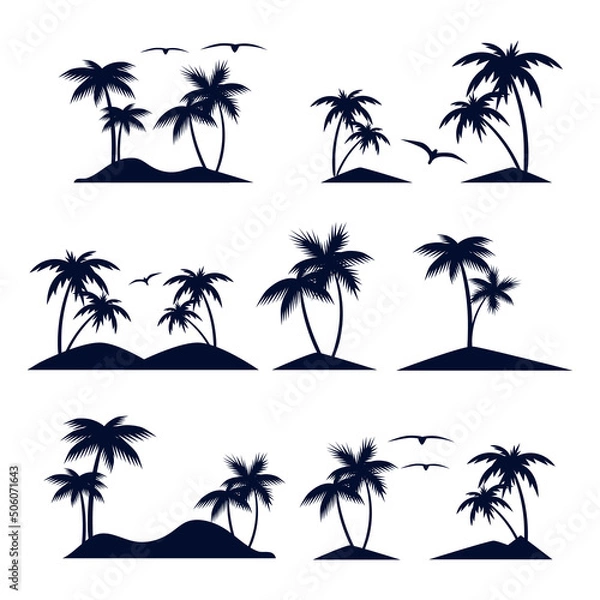 Fototapeta An island with palm trees. Black silhouette. Set.