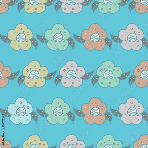 Fototapeta Cute cartoon style multicolor flowers on a blue backdrop in a seamless vector pattern