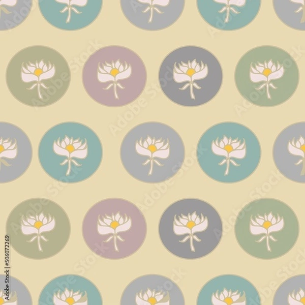 Fototapeta Cute flowers in circles in pastel multicolor on a cream background in a vector seamless repeat pattern