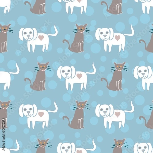 Fototapeta Cute cats and dogs vector repeat pattern in white, brown and blue in a vector repeat pattern