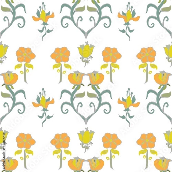 Fototapeta Orange and yellow flowers vector repeat pattern on white