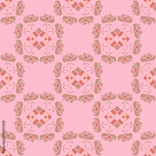 Fototapeta Pink and brown vector seamless repeat pattern with flowers