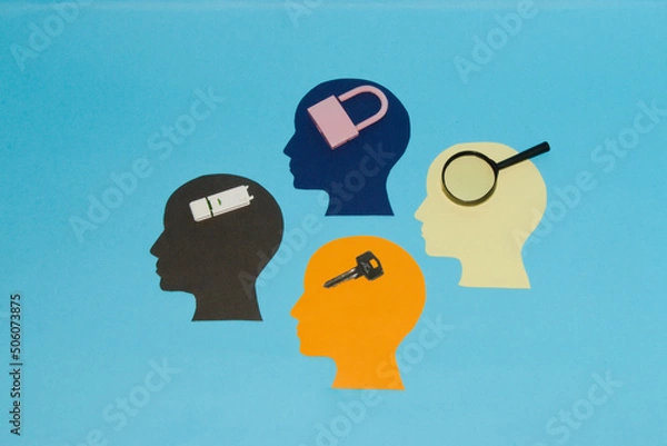 Fototapeta colorful head with a brain of flash memory, magnifier, key and padlock, creative design, security and data protection