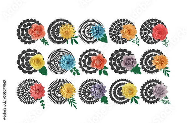 Fototapeta Rolled Flowers with Leaves and Branches 3d Paper Flower Template for cutting machine