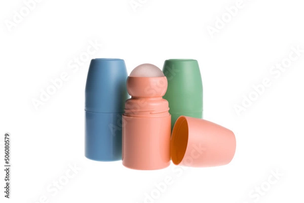 Fototapeta Antiperspirant deodorant roll-on bottles  in assortment. Object isolated on white background.