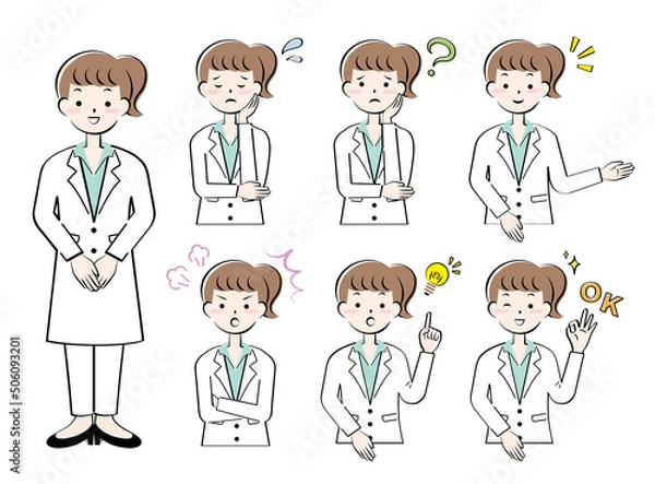 Fototapeta 白衣姿の女性の表情　ポーズ　セット　パンツスタイル