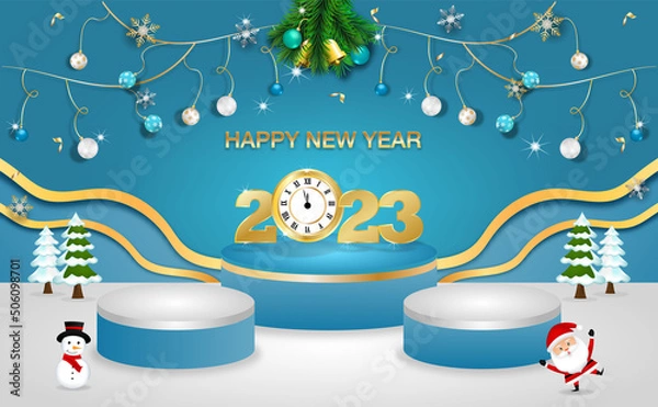Fototapeta Happy new year gold and blue colors place for text with poduim christmas componance of vector illustration.