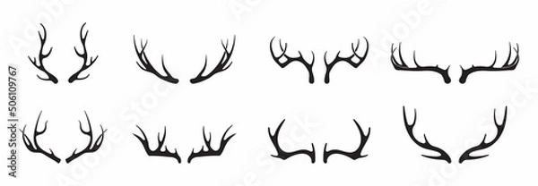 Fototapeta Deer antlers vector set. Silhouette of the horns of a wild elk, roe deer on a white background.