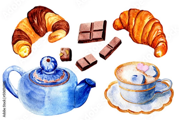 Obraz Watercolor food sketch of morning breakfast with teapot, cup of coffee, croissants and sweets