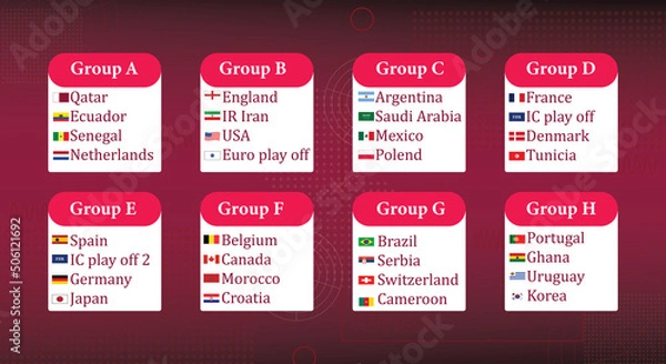 Fototapeta  FIFA World Cup. World Cup 2022. Match schedule template. Football results table, flags of world countries. Vector illustration