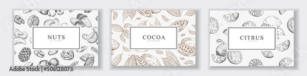 Fototapeta Cards Set with Hand Drawn Nuts, Citrus and Cocoa beans.
