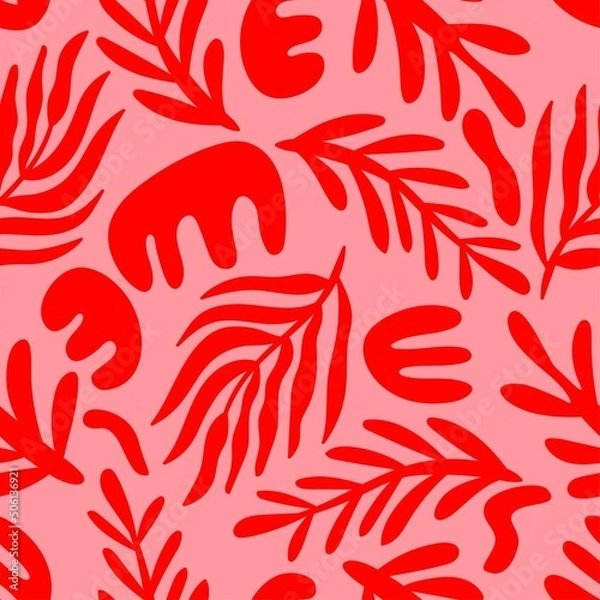 Fototapeta Vector seamless retro pattern with abstract red plants on pink background.