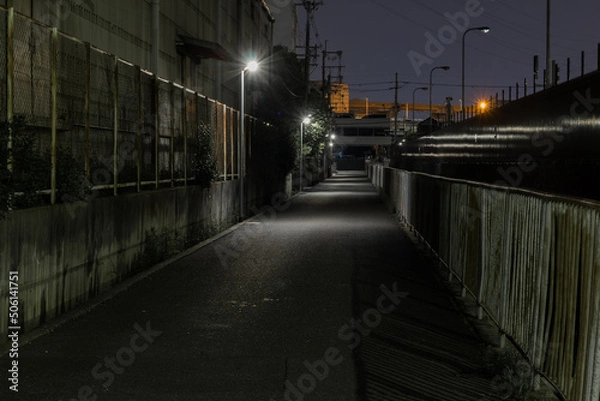 Obraz 深夜の人気のない街灯のある夜道