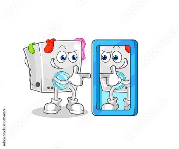 Fototapeta washing machine looking into mirror cartoon. cartoon mascot vector