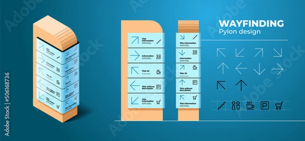 Obraz Wayfinding wood pylon design for indoor and outdoor navigation with isometry, front and profile projection with arrows icons and titles.