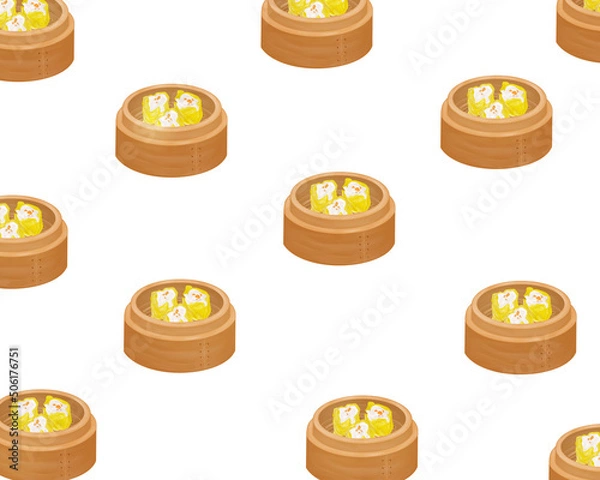 Obraz Chinese food style, Top view of pork or Shrimp or Prawns dumpling in a traditional steaming basket on white background, Hand drawn of collection food concept, Great for menu, Dim Sum, seamless pattern