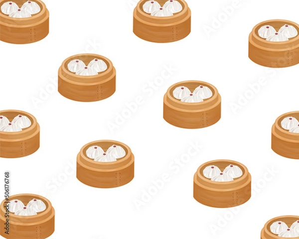 Obraz Chinese food style, Top view of Roasted pork bun in a traditional steaming basket on white background, Hand drawn of collection food concept, Great for menu, Dim Sum