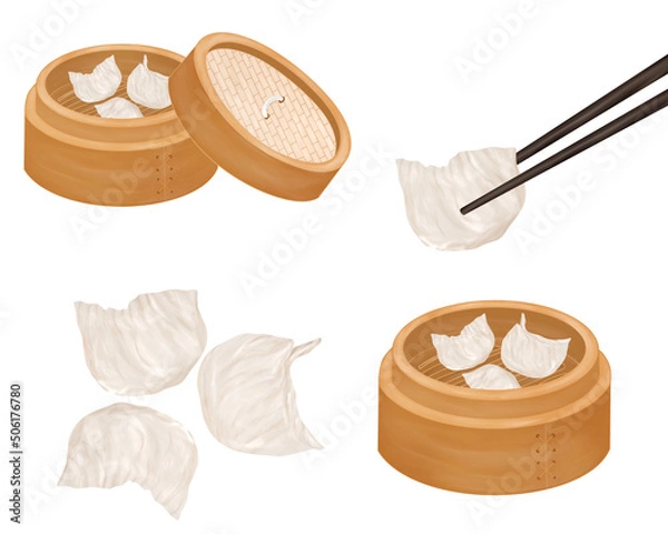 Obraz Chinese food style, Top view of Ha Gow or Chinese dumpling With Chopstick on white background, Hand drawn of collection, Great for menu, Dim Sum (Kui Chai ), in a traditional steaming basket