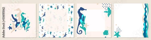 Fototapeta Set of templates, backgrounds and seamless pattern for social media or print with sea life illustration. Vector flat illustration.
