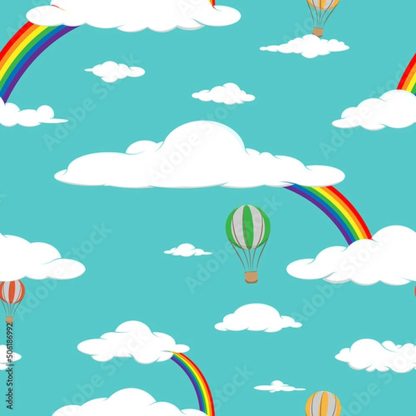 Fototapeta Vector Children's pattern - Clouds, Rainbows, Balloons, in the blue sky