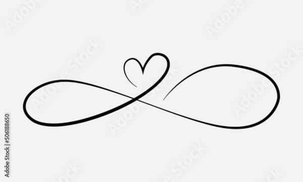 Fototapeta Love heart In the sign of infinity. Sign on postcard to Valentines day, wedding print. Vector calligraphy and lettering illustration isolated on a white background
