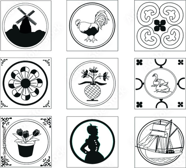 Fototapeta Pattern illustration inspired of the old tiles pattern from the bottom of the ships, BW