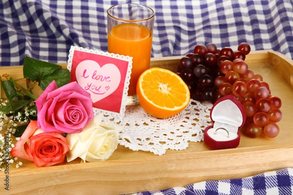 Fototapeta Breakfast in bed on Valentine's Day close-up