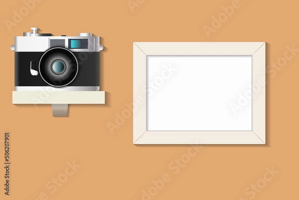 Fototapeta photo frame on the wall and vintage camera. vector illustration
