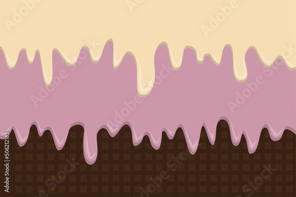 Obraz Texture of flowing vanilla and strawberry ice cream in waffle for background. Vector image.