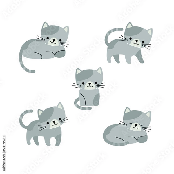 Fototapeta Cartoon cat with different poses and emotions. Cute vector illustration isolated on white background.