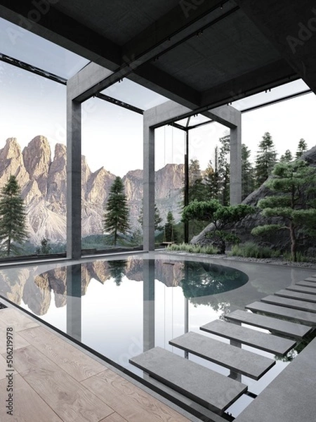 Fototapeta Large loft space with round pool design, garden, swing, stone wall and walkway  with view to dolomiti mountains 3d rendering 