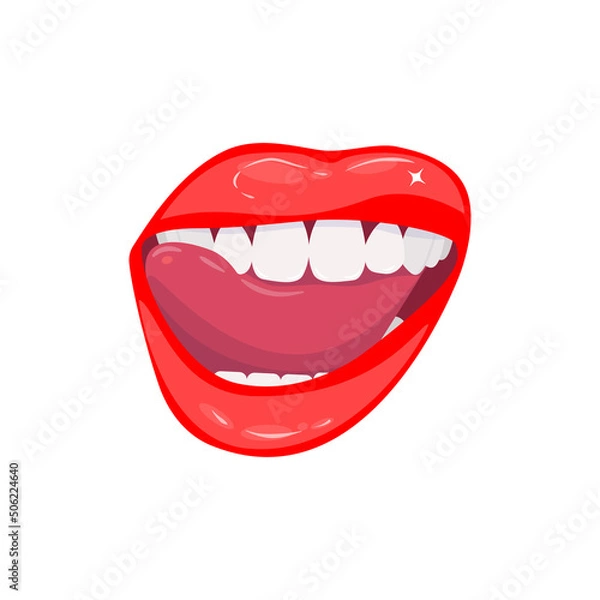 Obraz Open smiling female mouth with healthy white teeth. Close-up of red glowing sensual lips and tongue. Dental care. Lip makeup. Vector illustration isolated on white 