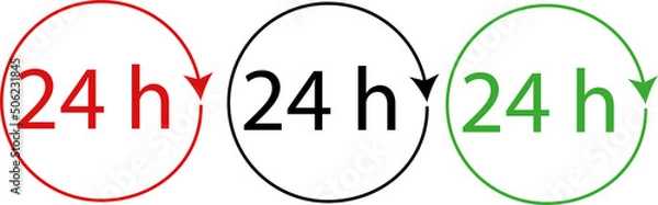 Fototapeta 24 hours, sign around the clock, logo, sign,  pointer, symbol in black, red and green.