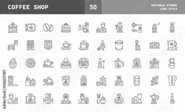 Fototapeta Coffee Shop icons set. Line set of vector icons editable stroke and pixel perfect. Can used for digital product, presentation, UI and many more.