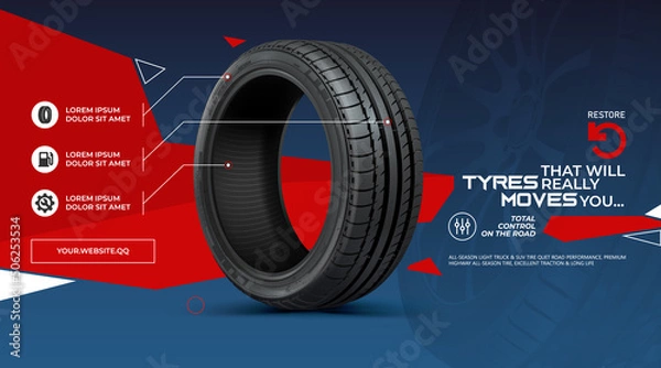 Fototapeta Tires horizontal banner. Properties of a car tire. Web page of wheeled vehicles. Blue background with red geometric inserts and text. Tire shop. Spare parts and car service. Sale Black Friday.