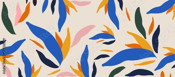 Fototapeta Colorful organic shapes seamless pattern. Cute botanical shapes, random cutouts of tropical leaves, decorative abstract art vector illustration