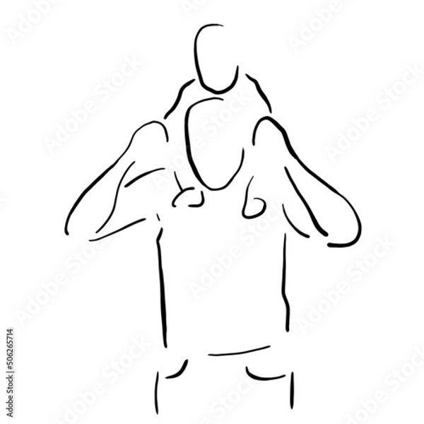 Fototapeta Father and son. Silhouettes of a man and a boy, drawn with separate lines. Black and white drawing