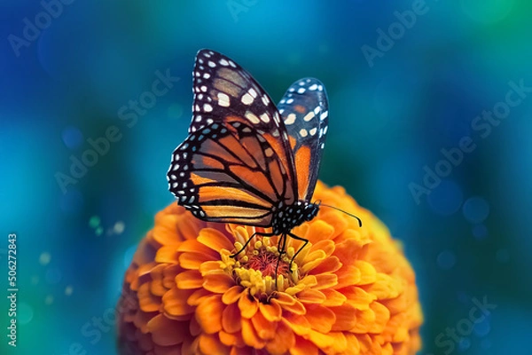 Obraz Kwiat Monarch Butterfly i pomarańczowy w letnim ogrodzie.