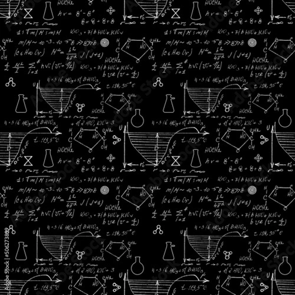 Fototapeta Seamless chemistry scribbles at school chalk board. Blackboard formulas pattern. The concept of education and back to school. Hand writing, endless pattern molecules structures bonds together. Vector.